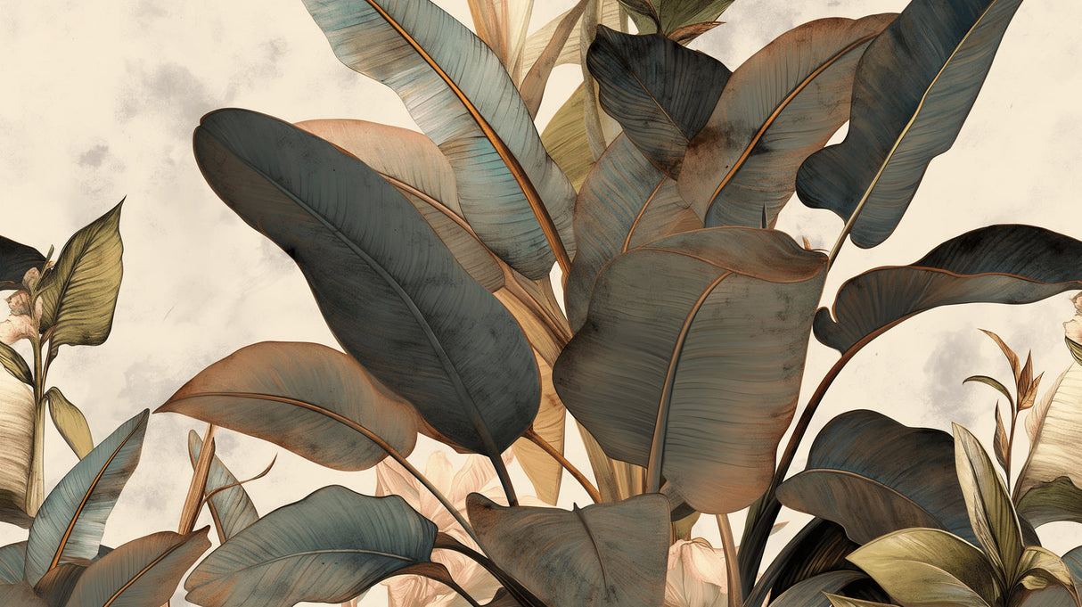 Tropical leaf wallpaper with copper accents creating a calm atmosphere in a modern living room setting