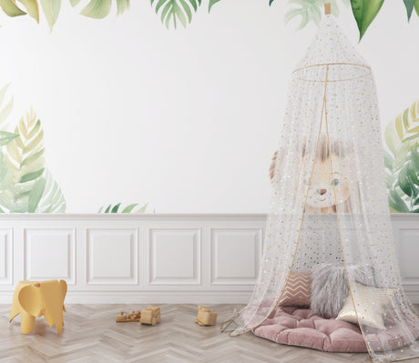 Tropical lion wallpaper creating a bold statement in modern living room with green monstera leaves