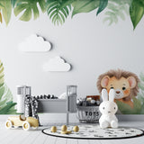 Home office with tropical lion wall mural adding natural charm