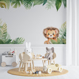 Dining room showcase of lion and tropical leaves mural creating depth