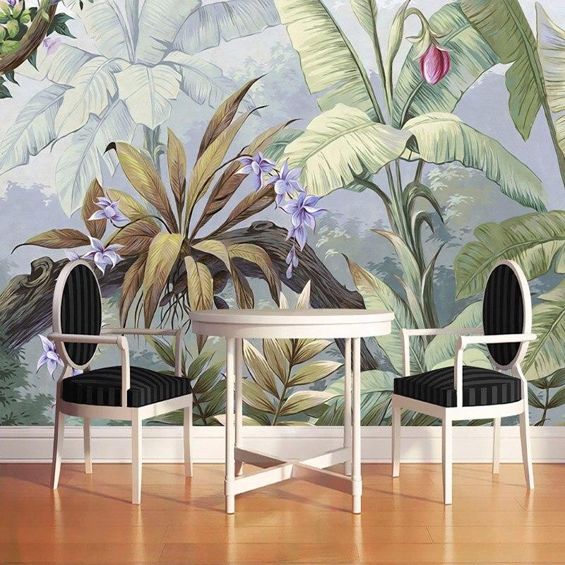 Purple orchid wallpaper with banana leaves creating a spa-like feel in a bathroom space