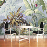 Purple orchid wallpaper with banana leaves creating a spa-like feel in a bathroom space