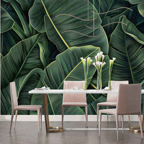 Tropical leaf wallpaper creating a luxurious atmosphere in a modern living room with natural light