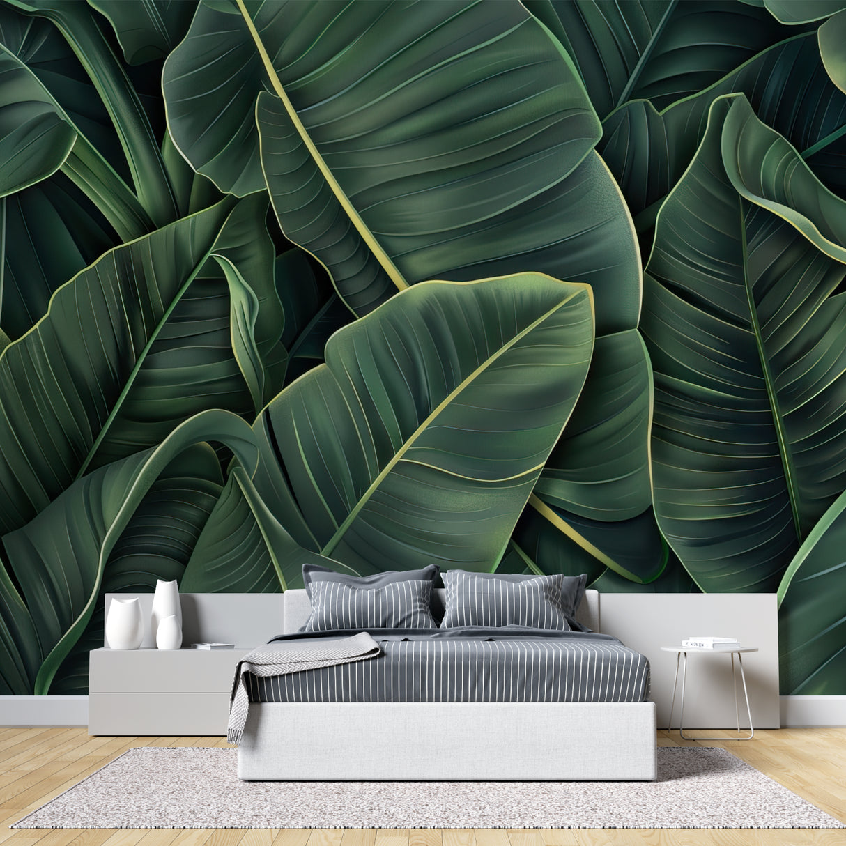 Banana leaf wall mural adding depth to a minimalist dining room setting