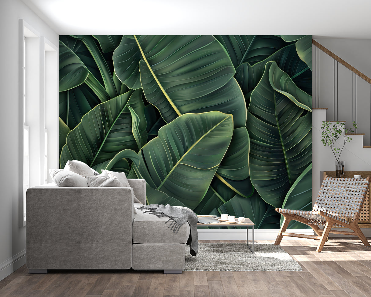 Tropical wallpaper design showcased in a bright master bedroom