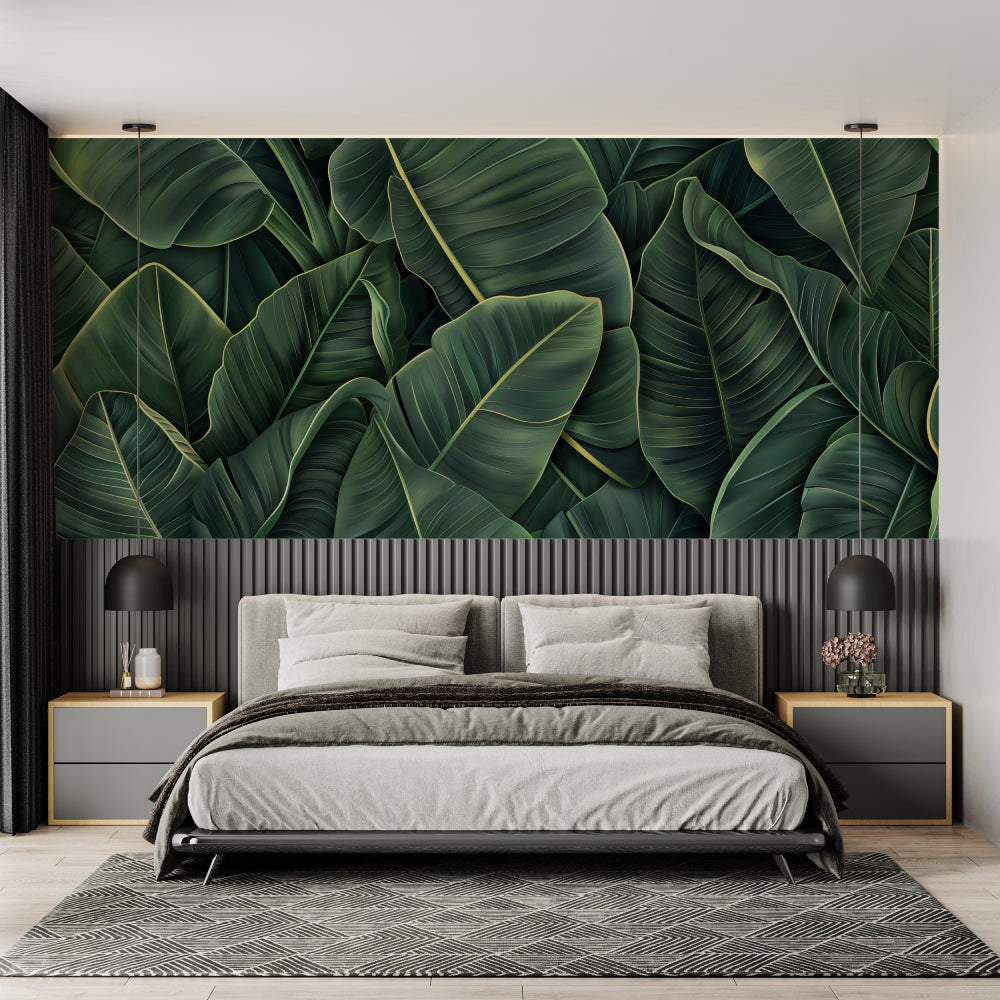 Banana leaf mural creating an upscale look in a modern bathroom