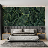 Banana leaf mural creating an upscale look in a modern bathroom