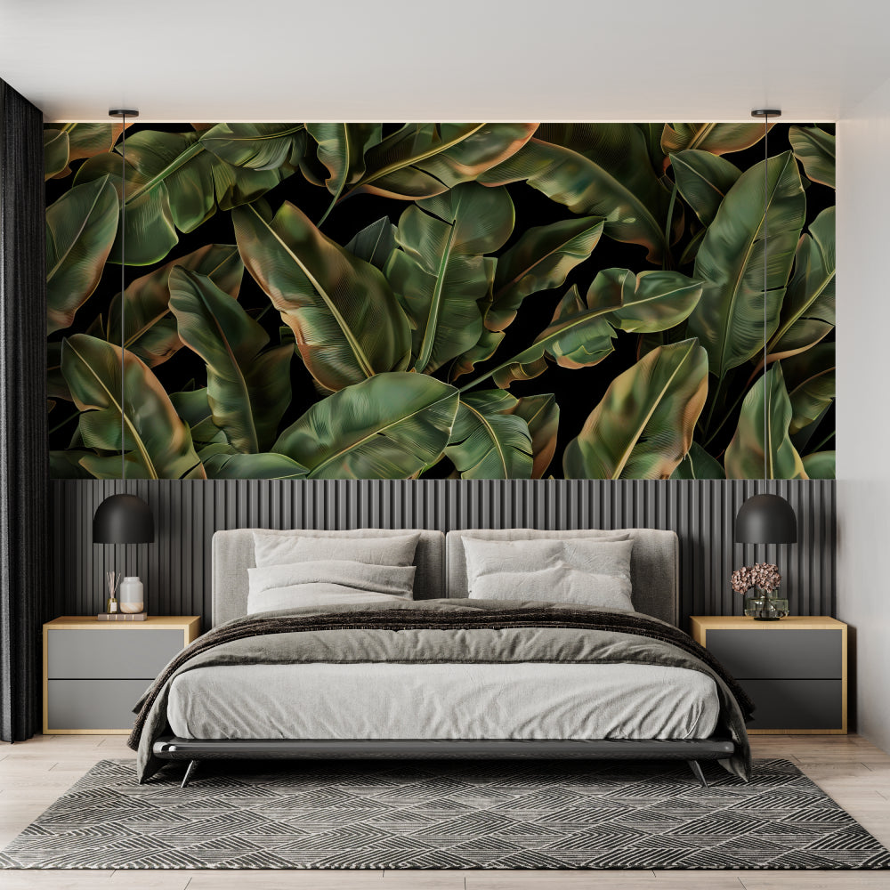 Tropical leaf wallpaper creating a stunning focal point in a modern living room with dark furniture