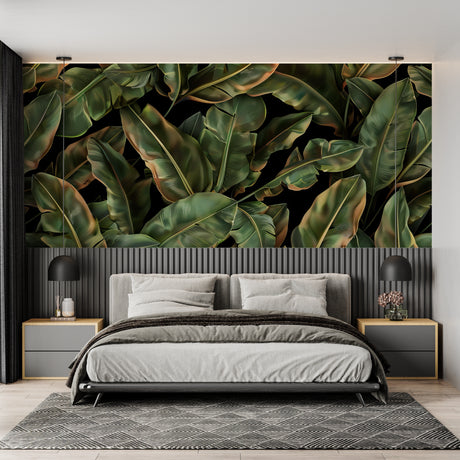 Tropical leaf wallpaper creating a stunning focal point in a modern living room with dark furniture