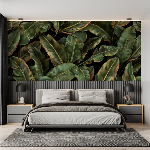 Tropical leaf wallpaper creating a stunning focal point in a modern living room with dark furniture