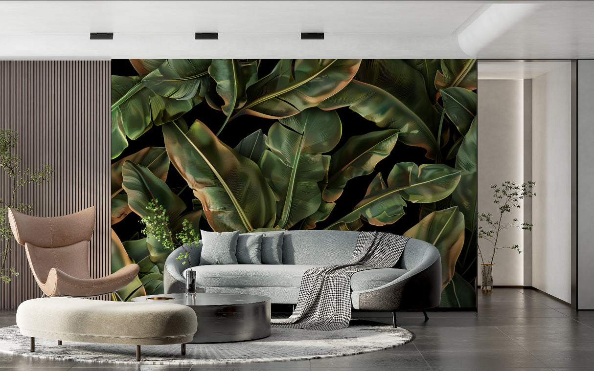 Banana leaf wallpaper adding depth to a sleek dining room with gold accents