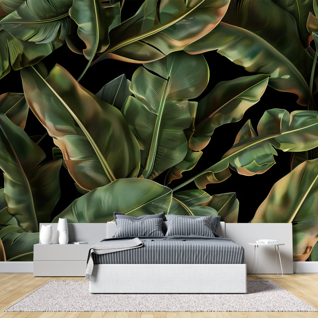 Green tropical wallpaper making a bold statement in a master bedroom