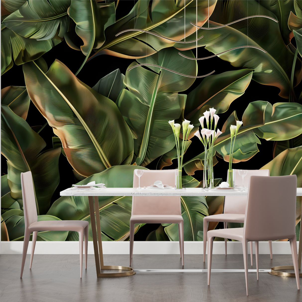 Tropical banana leaf pattern enhancing an elegant restaurant interior