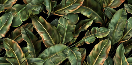 Detailed design file showing rich green banana leaves pattern on black background
