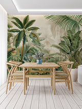 Tropical palm leaf wallpaper creating a stunning backdrop in a modern living room with natural light
