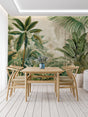 Tropical palm leaf wallpaper creating a stunning backdrop in a modern living room with natural light