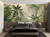 Green palm leaves mural wallpaper in a cozy bedroom setting with minimal furniture