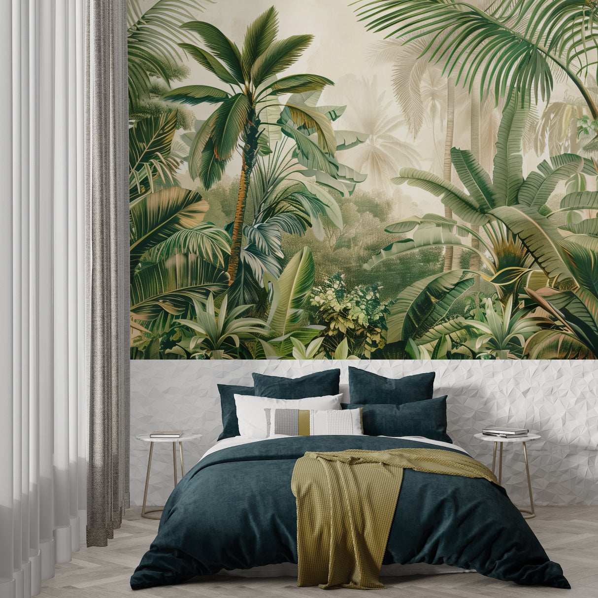 Tropical wall mural bringing life to a home office with lush palm pattern