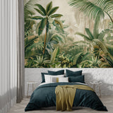 Tropical wall mural bringing life to a home office with lush palm pattern