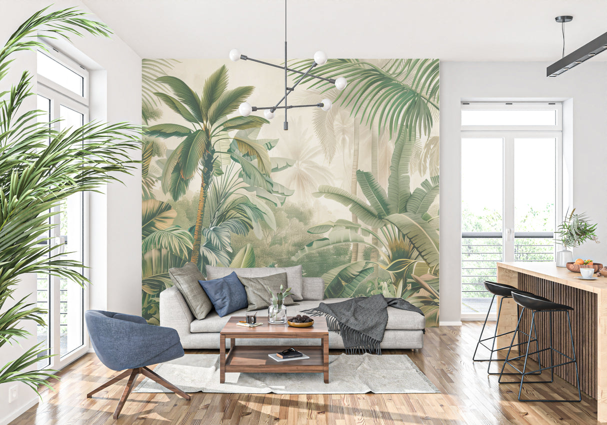 Palm leaves mural creating depth in a bathroom with natural textures