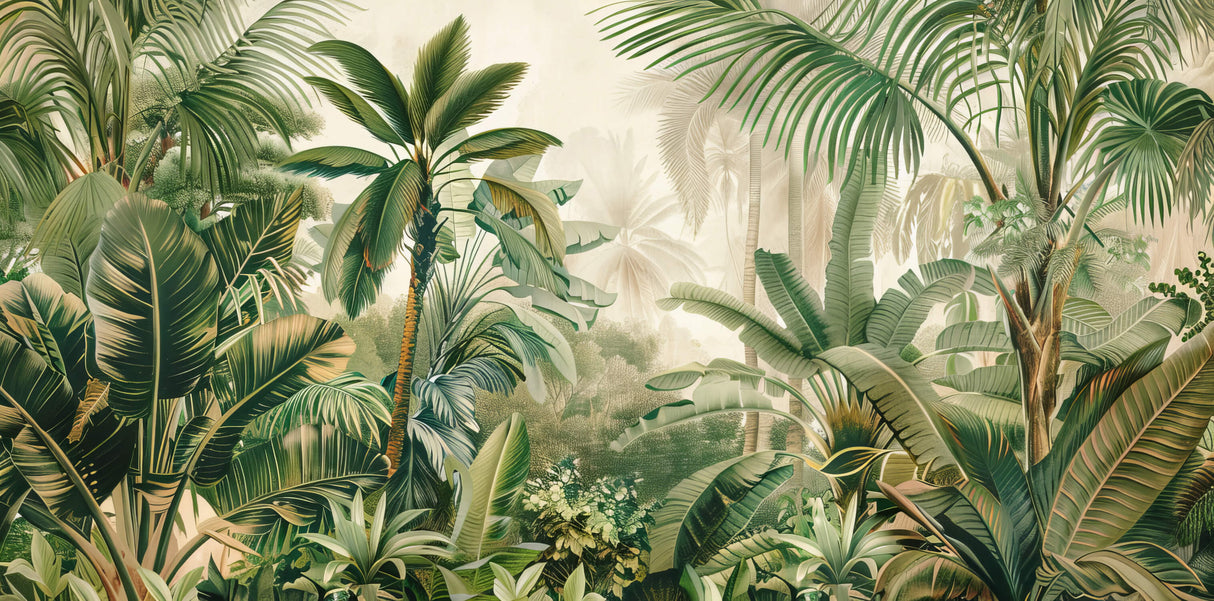 Design file of green tropical palm leaves pattern on soft beige background