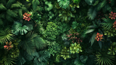 Tropical forest wallpaper creating a lush backdrop in a modern living room with natural light