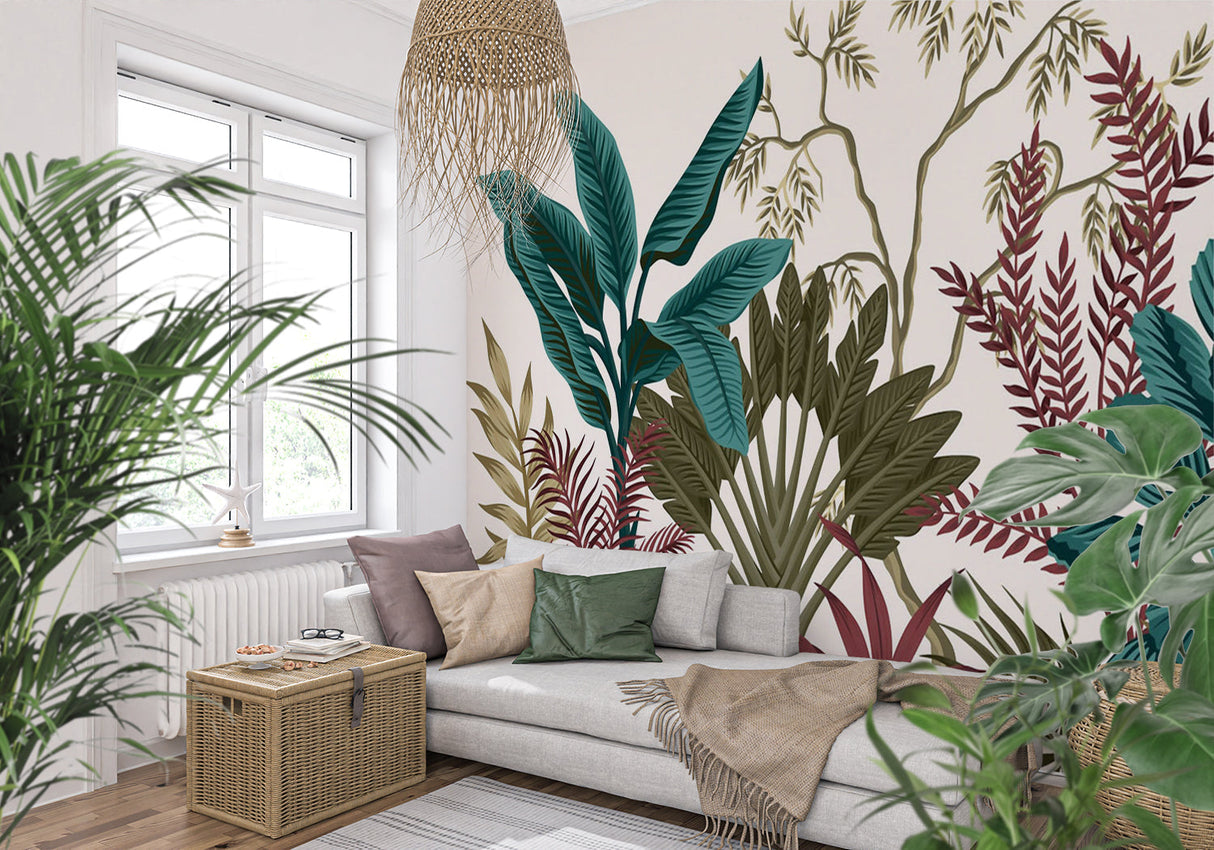 Botanical wall mural showcased in a dining room with wooden furniture