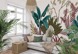 Botanical wall mural showcased in a dining room with wooden furniture