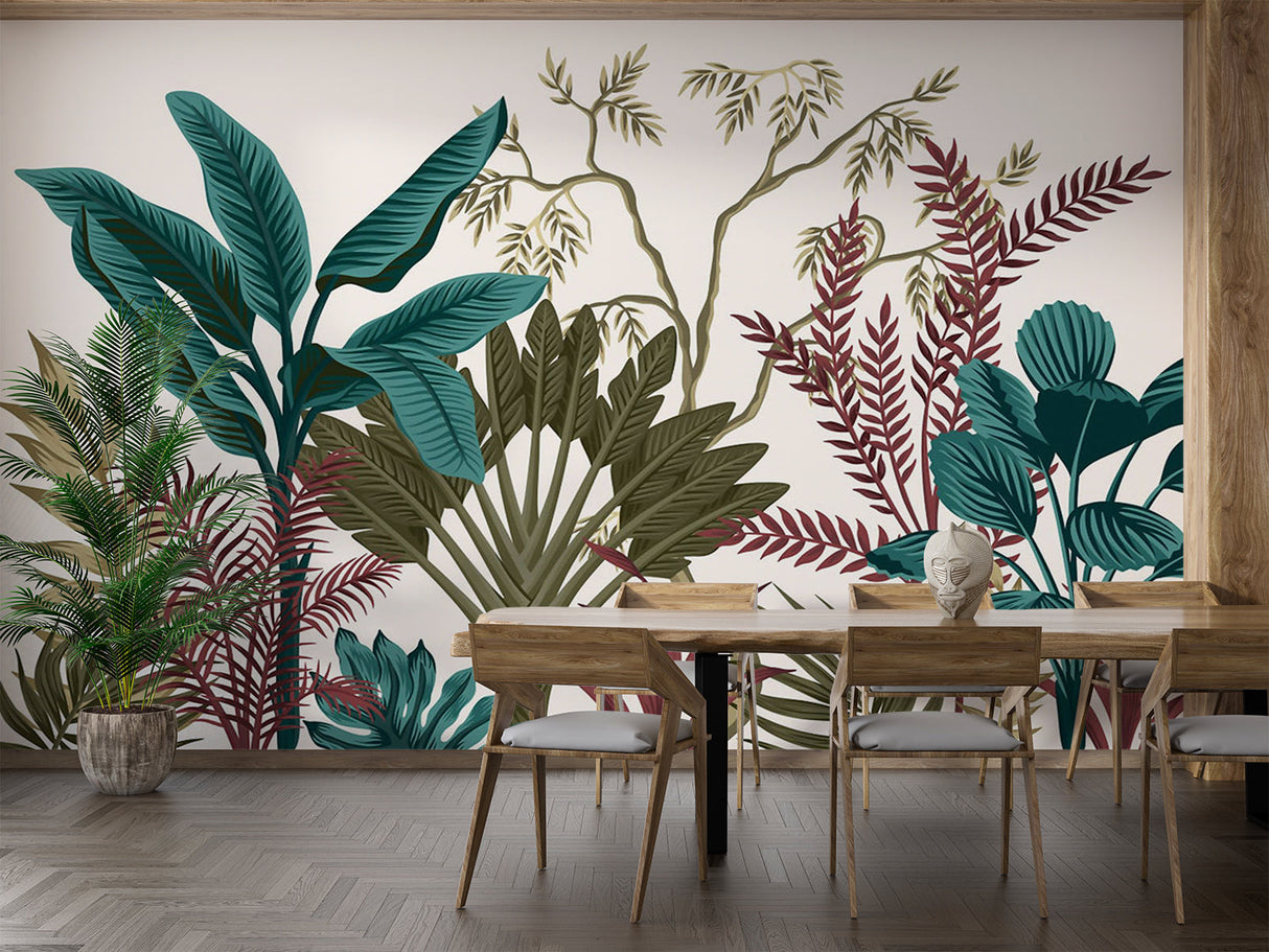 Teal and terracotta tropical wallpaper in a bright home office setting