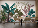 Teal and terracotta tropical wallpaper in a bright home office setting
