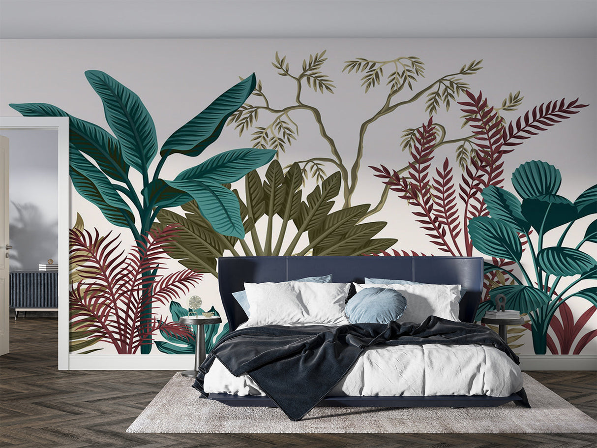 Tropical foliage mural adding depth to a bedroom with minimal decor