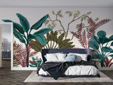 Tropical foliage mural adding depth to a bedroom with minimal decor