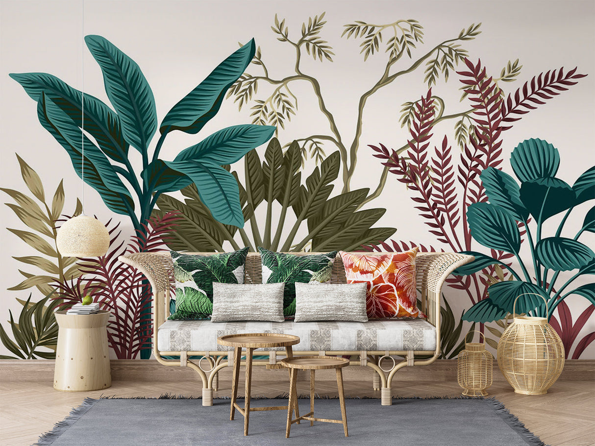Luxuriant leaf pattern bringing nature into a modern hallway space