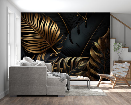 Tropical black and gold leaf wallpaper in modern living room with tall windows and mid-century furniture
