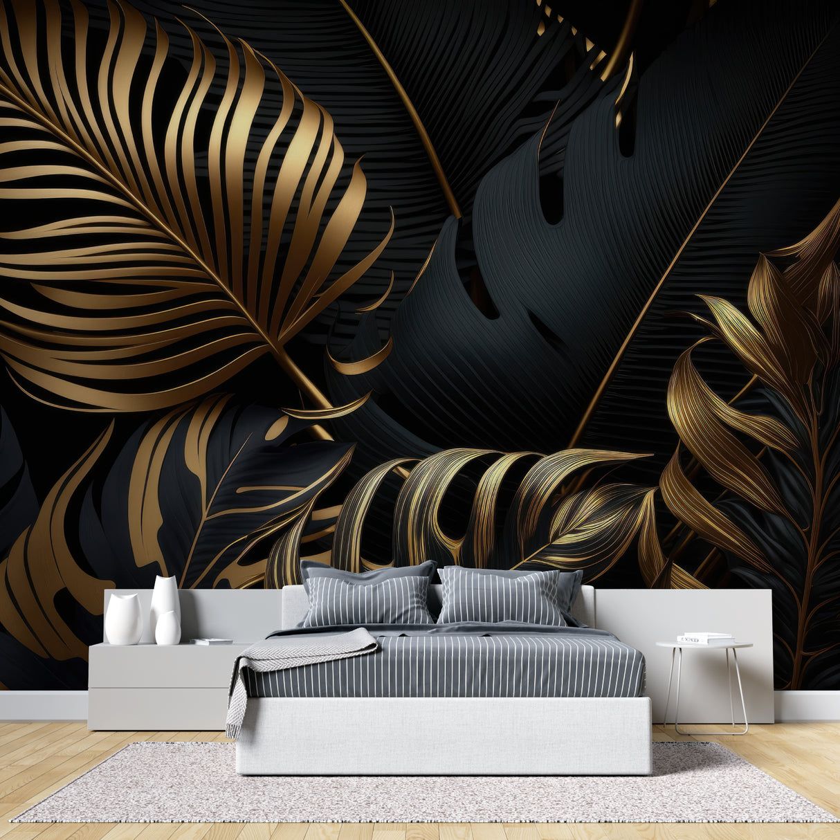 Black and gold palm leaf wallpaper creating drama in master bedroom with minimal decor