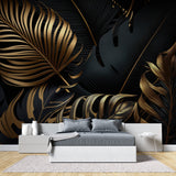 Black and gold palm leaf wallpaper creating drama in master bedroom with minimal decor