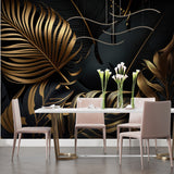 Luxury tropical wallpaper with gold leaves in elegant dining room setting