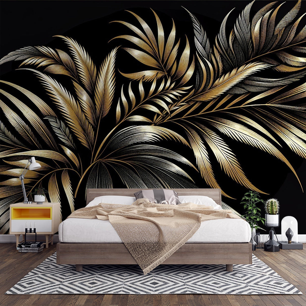 Black and gold palm leaf wallpaper creating dramatic impact in a modern living room with high ceilings and minimalist furniture