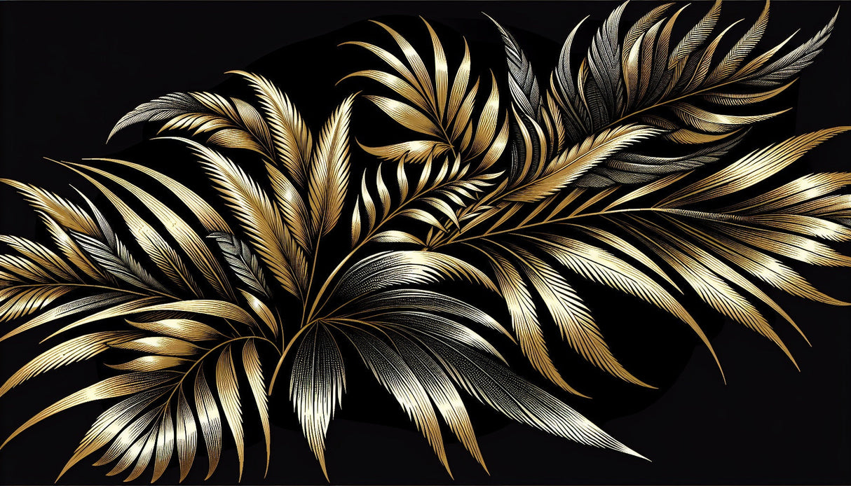 Luxury black and gold palm leaf wallpaper design file showing intricate metallic details and pattern repeat