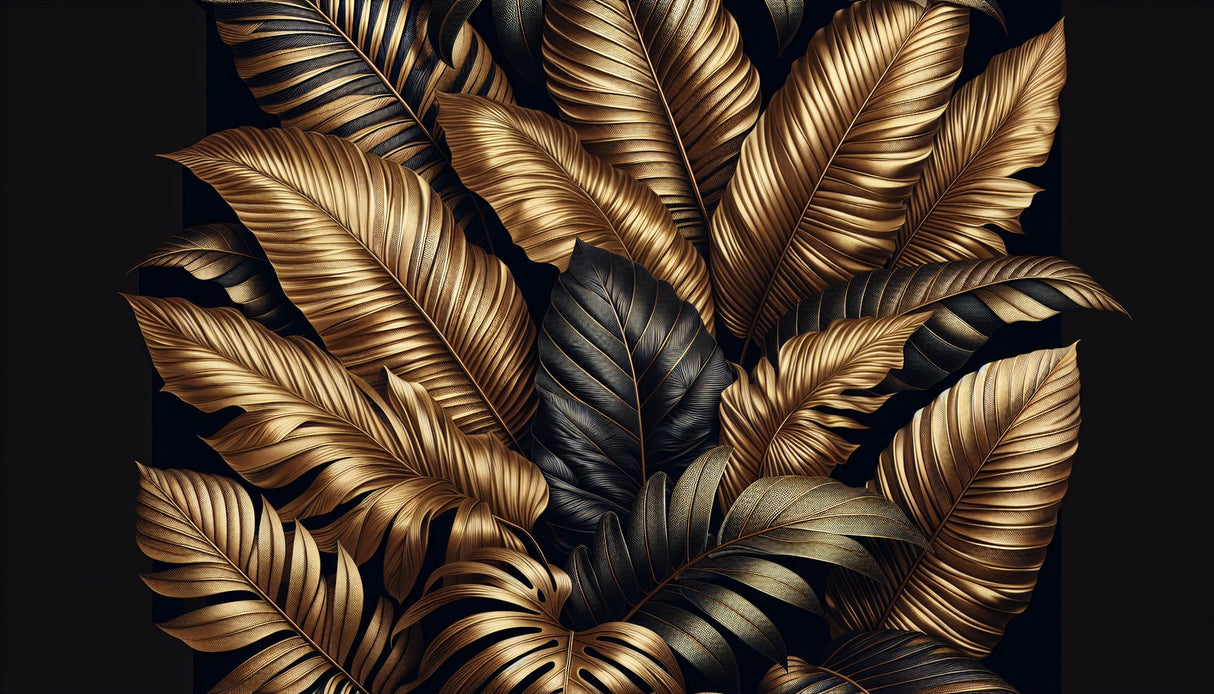 Tropical gold palm leaf wallpaper creating a dramatic accent wall in a modern living room with black and gold decor