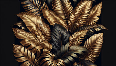 Tropical gold palm leaf wallpaper creating a dramatic accent wall in a modern living room with black and gold decor