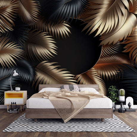 Tropical palm leaf wallpaper with gold and black design creating drama in a modern living room setting