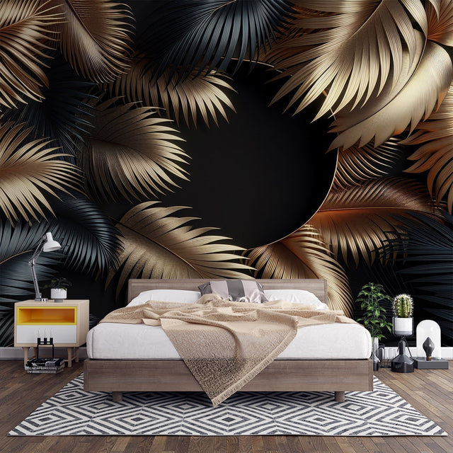Tropical palm leaf wallpaper with gold and black design creating drama in a modern living room setting