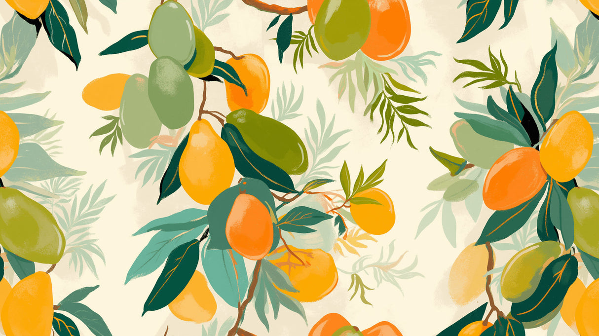 Tropical Mango Wallpaper creating a sunny atmosphere in a modern dining room with natural light and wooden furniture