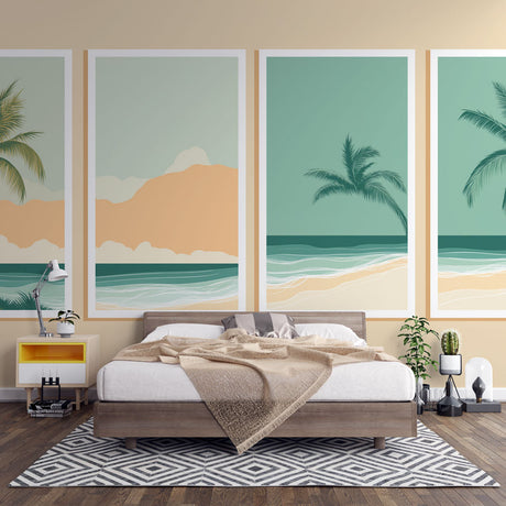 Tropical beach wallpaper creating a peaceful atmosphere in a modern living room with minimalist furniture