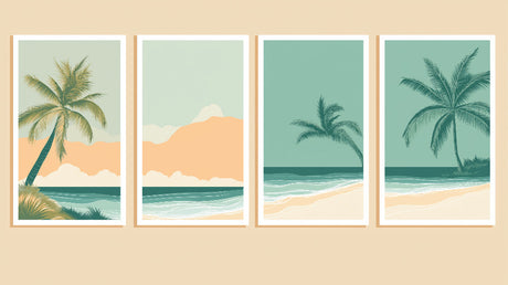 Minimalist beach paradise design file showing full tropical mural pattern with palm trees and ocean waves