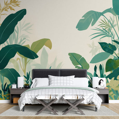 Tropical leaf wallpaper creating a calm atmosphere in a modern living room with natural light