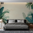 Tropical palm leaf wallpaper in modern living room with clean lines and natural light