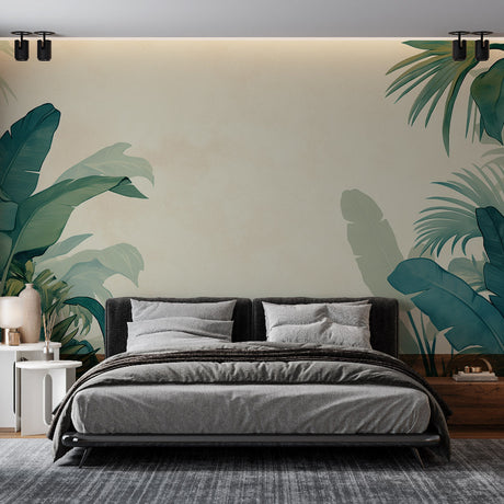 Tropical palm leaf wallpaper in modern living room with clean lines and natural light