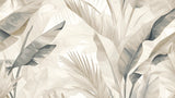 Beige palm leaf wall mural adding sophistication to a bright master bedroom with natural light